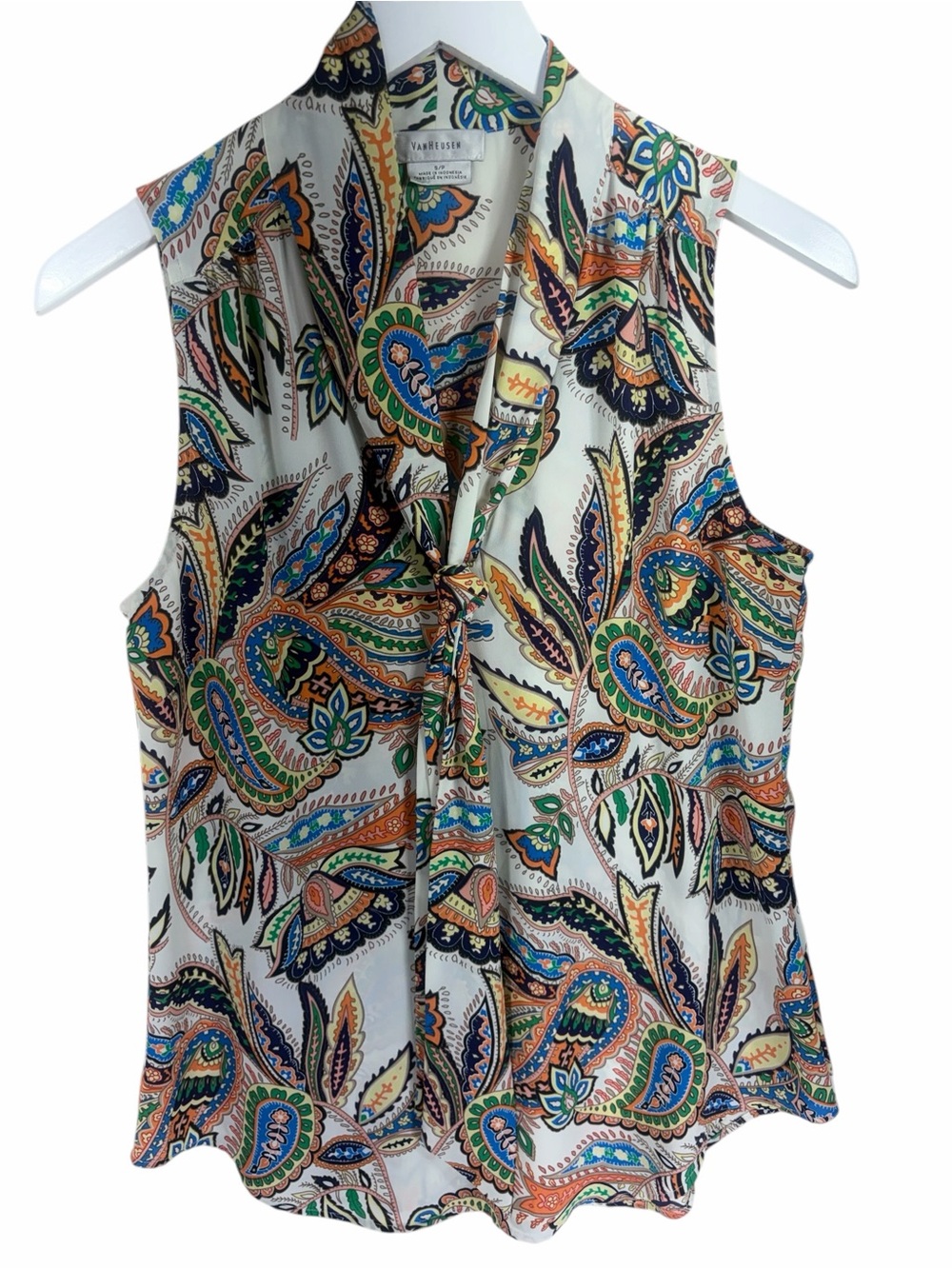 Van Heusen  Sleeveless Paisley Tie-Neck Blouse - Cream Multi size small - Picture 3 of 10